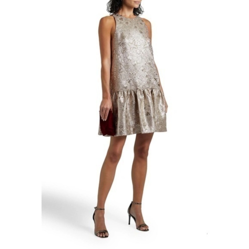 Lela‎ Rose Gathered Flounce Hem Metallic Cloqué Sleeveless Mini Dress 14 NWOT